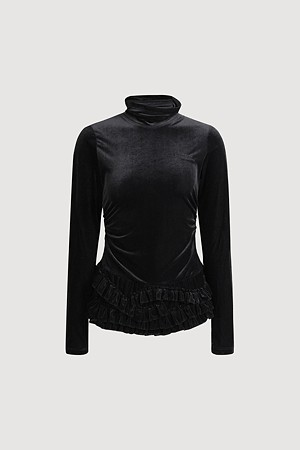 Shirring Frill Detail Velvet Long Sleeve T-shirt