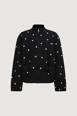 Dot Pattern Full Zip-Up Knit Cardigan