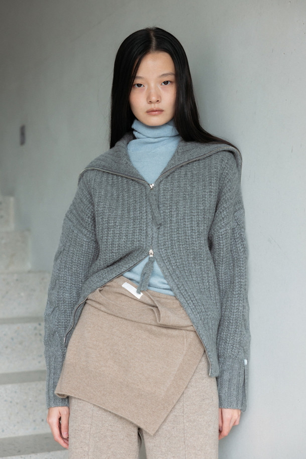 LE CASHMERE - 가디건 - Collar Zipped Cardigan (Gray)