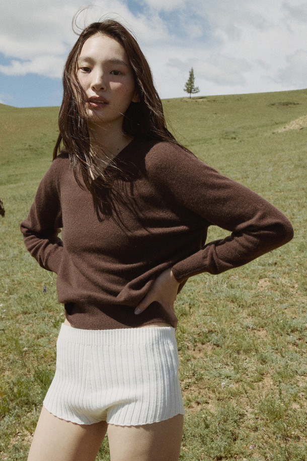 **클래식 브이넥 스웨터 (브라운)**

몽골산 캐시미어 100% 소재로 제작되어 부드러운 촉감과 가벼운 착용감을 선사하는 브라운 컬러의 여성용 브이넥 스웨터입니다. 가을, 겨울 시즌에 어울리는 레귤러 핏의 긴소매 디자인으로, 클래식하고 베이직한 스타일을 연출합니다. 얇은 두께감으로 다양한 이너와 레이어드하여, 출근룩, 오피스룩, 모임룩 등 폭넓은 TPO에 활용 가능합니다. 미니멀한 디자인으로 유행을 타지 않아 오랫동안 즐겨 입을 수 있으며, 캐시미어 특유의 고급스러운 분위기를 더합니다.
