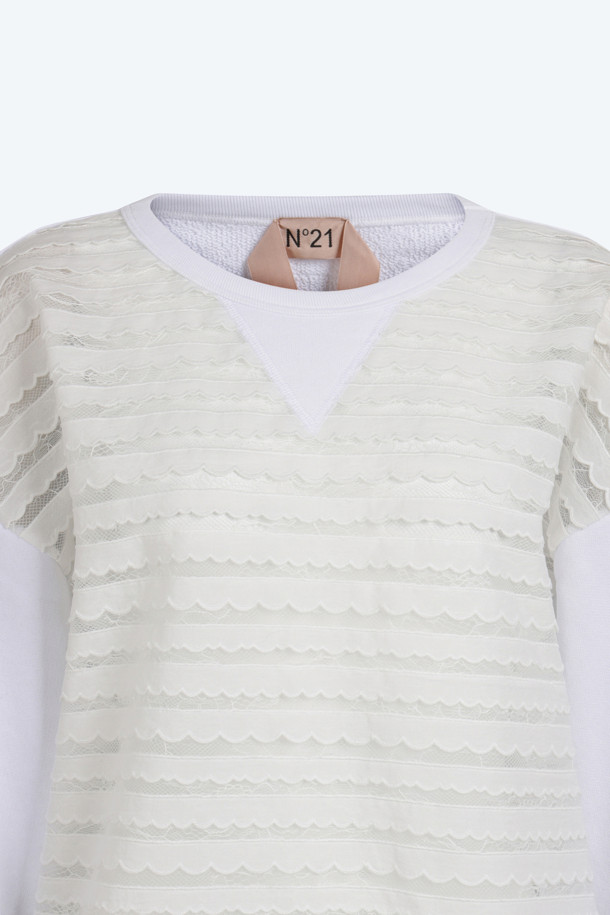 N21 Capsule Collection의 레이스 스웻셔츠입니다. 여성 의류로, 봄, 가을에 착용하기 좋습니다. 우아하고 모던한 스타일을 연출하며, 데이트룩, 카페룩, 모임룩에 잘 어울립니다. 화이트와 네이비 두 가지 컬러로 출시되었으며, 레귤러핏에 얇은 두께감으로 편안하게 착용 가능합니다. 섬세한 얇은 레이스 디테일과 엠브로이더리 장식이 돋보이는 라운드넥 긴소매 스웻셔츠입니다.
