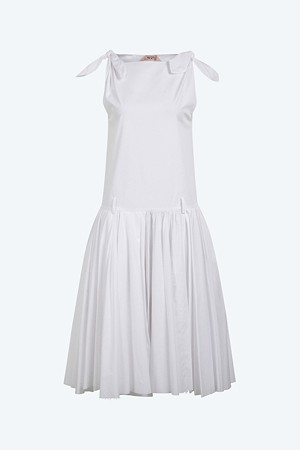 화이트 포플린 리본 슬리브리스 드레스