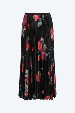 블랙 플로럴 미디 플리츠 스커트
