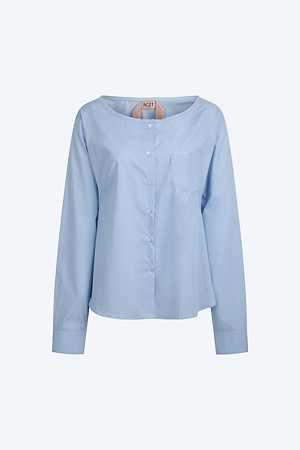 블루 코튼 오프숄더 셔츠 블라우스