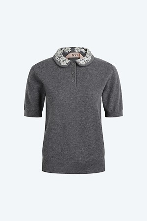 멜란지 그레이 레이스 니트 폴로 스웨터