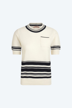 화이트 스트라이프 포켓 반팔 니트