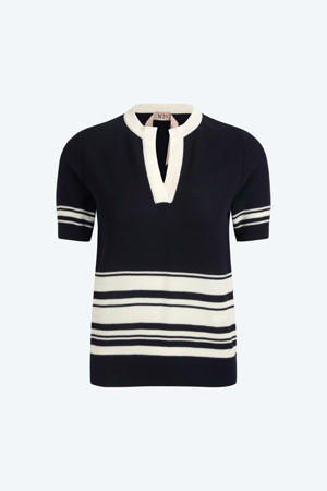 네이비 스트라이프 포켓 반팔 니트