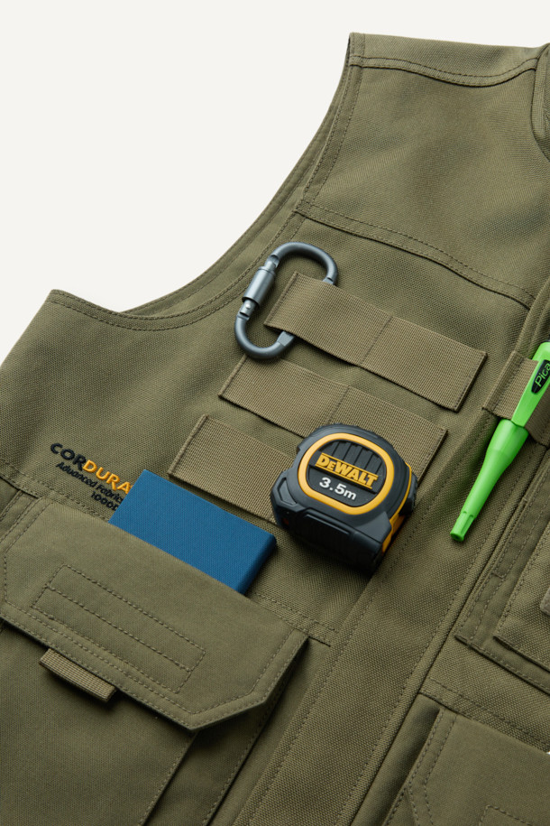 헤비듀티 베스트 V2는 작업용 또는 일상복으로 활용 가능한 남녀 공용 베스트입니다. 카키와 올리브 두 가지 색상으로 출시되었으며, 사계절 착용 가능한 두꺼운 두께감의 코듀라, 나일론 혼방 소재로 제작되었습니다. 밀리터리, 워크웨어 스타일을 기반으로 무지 패턴과 레귤러핏 디자인을 적용했으며, 총 15개의 포켓, 몰리 시스템, 벨크로 패치 부착 가능, YKK 지퍼, 제전성 안감 등 뛰어난 기능성을 자랑합니다. 캠핑룩, 출근룩, 워크웨어, 캐주얼, 고프코어 스타일 연출에 적합합니다.
