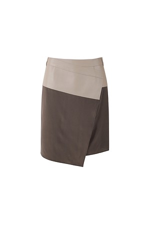 [RE;CODE 여성] Leather Trim Wrap Skirt_BEIGE-a