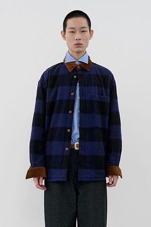 [RE;CODE 남성] Corduroy Patchwork Check Flannel Shirt_NAVY-a