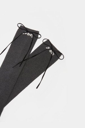 [IHM]Ribbon knee socks(grey)