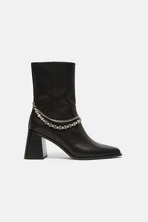 Jewel chain mid-heel ankle boots(black)