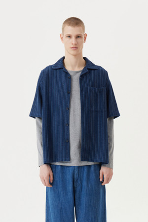 투톤 스트라이프 니트 반팔 셔츠