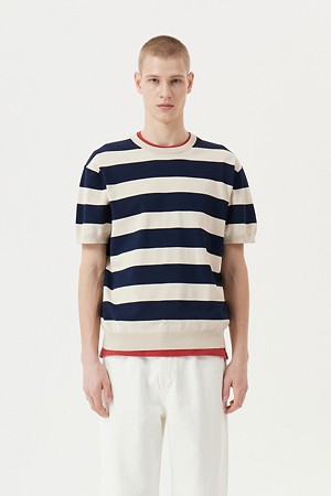 스트라이프 루즈핏 하프 슬리브 크루넥 스웨터