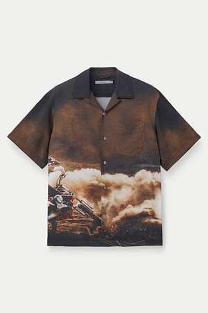 프린트 오픈카라 세미오버 반팔 셔츠					