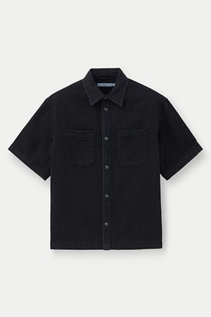 (셋업) 블랙 데님 반팔 오버핏 셔츠					