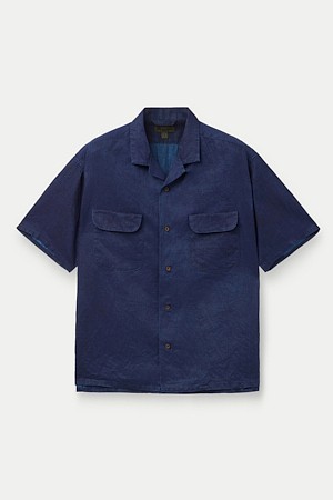 NIGEL CARBOURN OPEN COLLAR SHIRT - LINEN INDIGO					