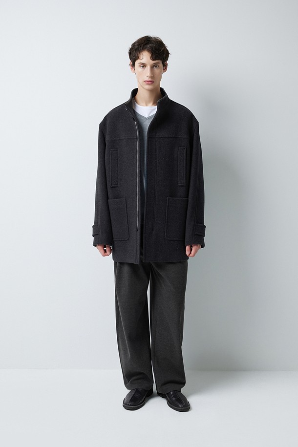 LEATHER TRIM CASHMERE BLEND HALF COAT (247)_GREY_1