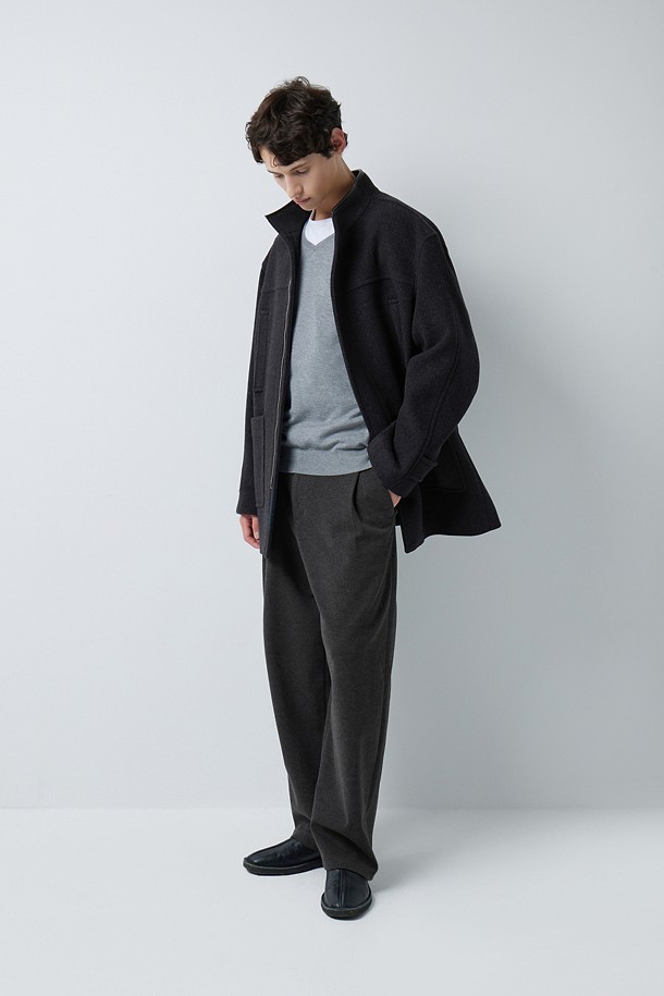 LEATHER TRIM CASHMERE BLEND HALF COAT (247)_GREY_2