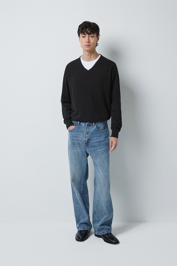 FINE RIBBED 브이넥 12GG 니트 (247)_BLACK_4