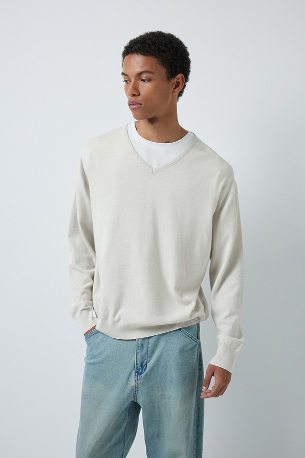 FINE RIBBED 브이넥 12GG 니트 (247)_IVORY_4