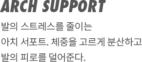ARCH SUPPORT | 발의 스트레스를 줄이는 아치 서포트. 체중을 고르게 분산하고 발의 피로를 덜어준다.